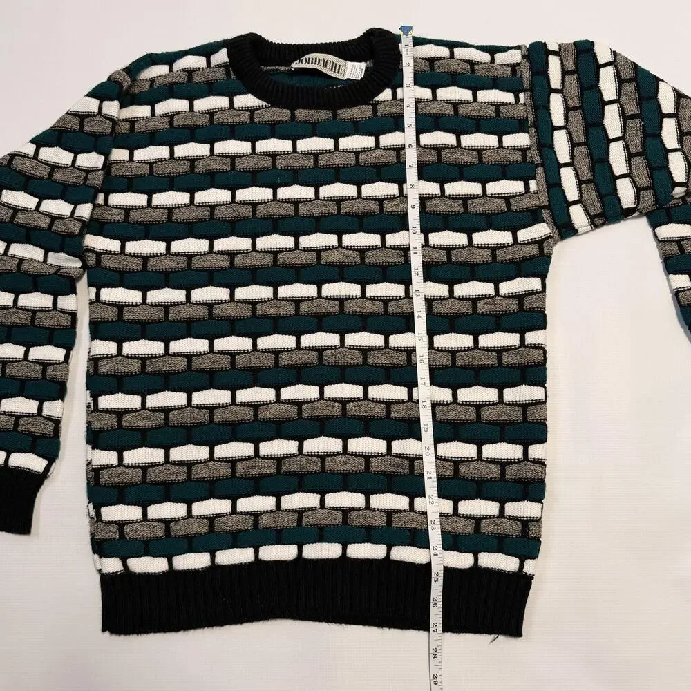 Vintage Jordache Sweater Mens Large Green Black Geometric Crewneck USA Knit 90s